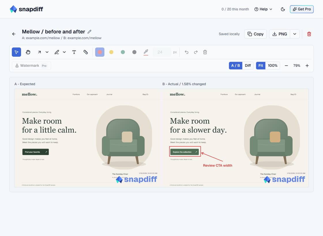 Before and after storefront screenshots in the SnapDiff A/B editor, with a red rectangle and arrow calling out the changed CTA width.