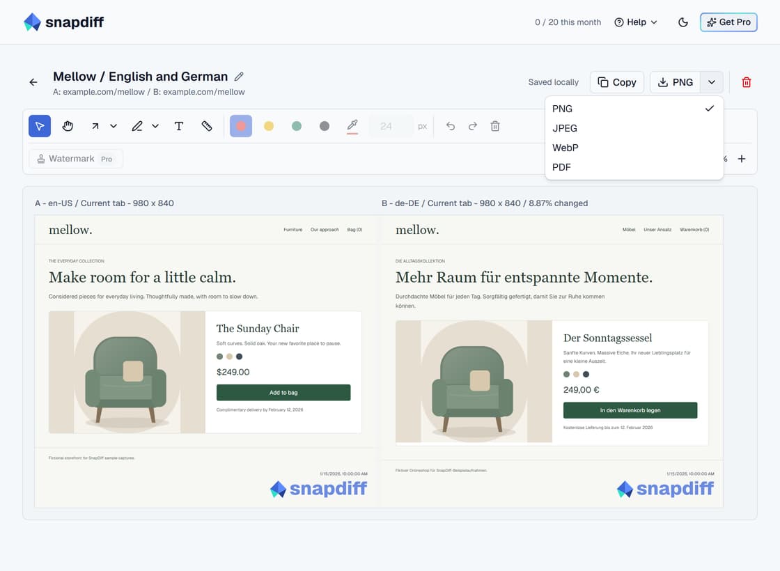 English and German sample storefront captures compared in SnapDiff, with the export menu showing image formats and PDF.