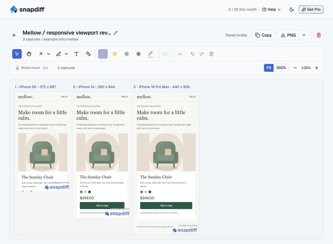 SnapDiff Multi comparison displaying the same fictional storefront at three narrow viewport sizes with individual size labels.