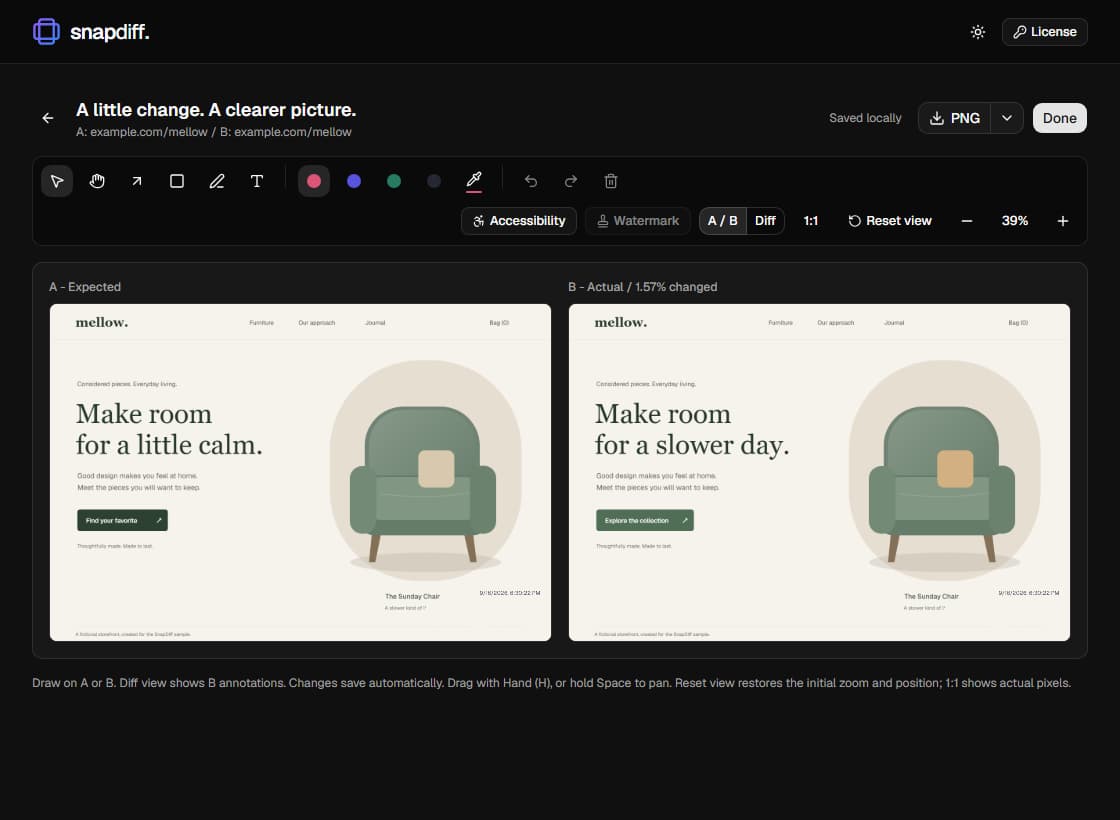 Before-and-after screenshots with pixel Diff and annotations in SnapDiff.