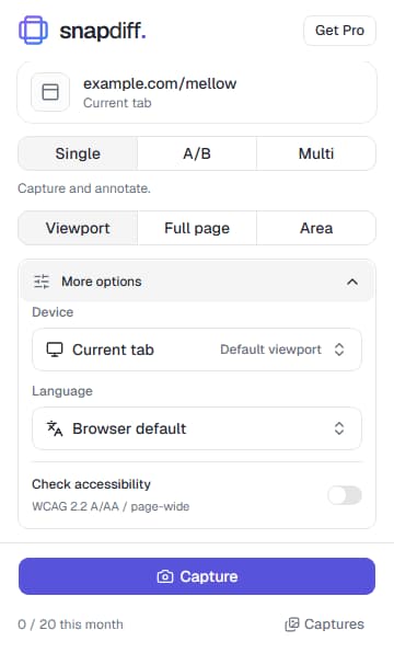 SnapDiff capture options in the browser extension.